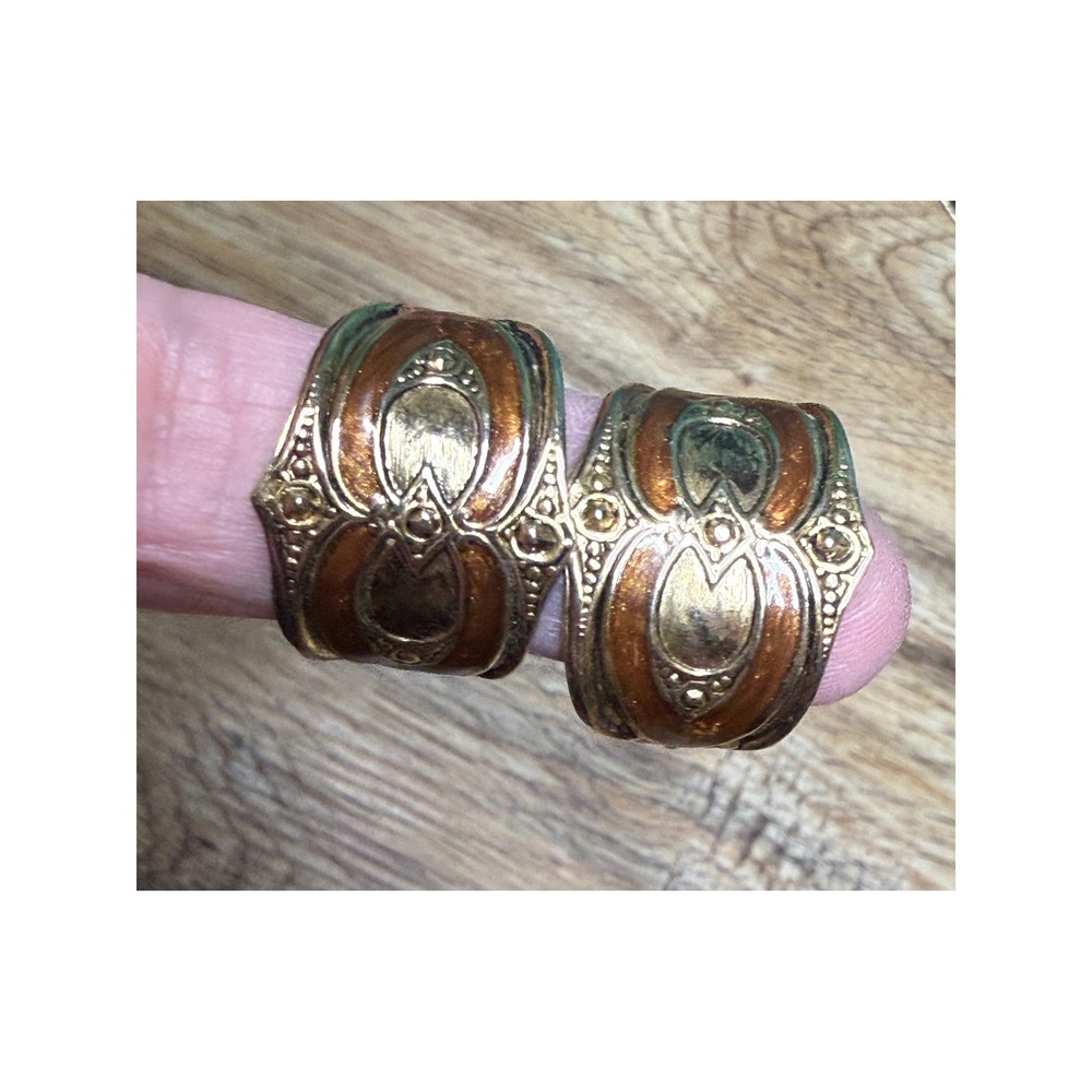 Vintage Art Nouveau Enamel Gold Tone Hoop Earrings Brown Copper Wide Filigree